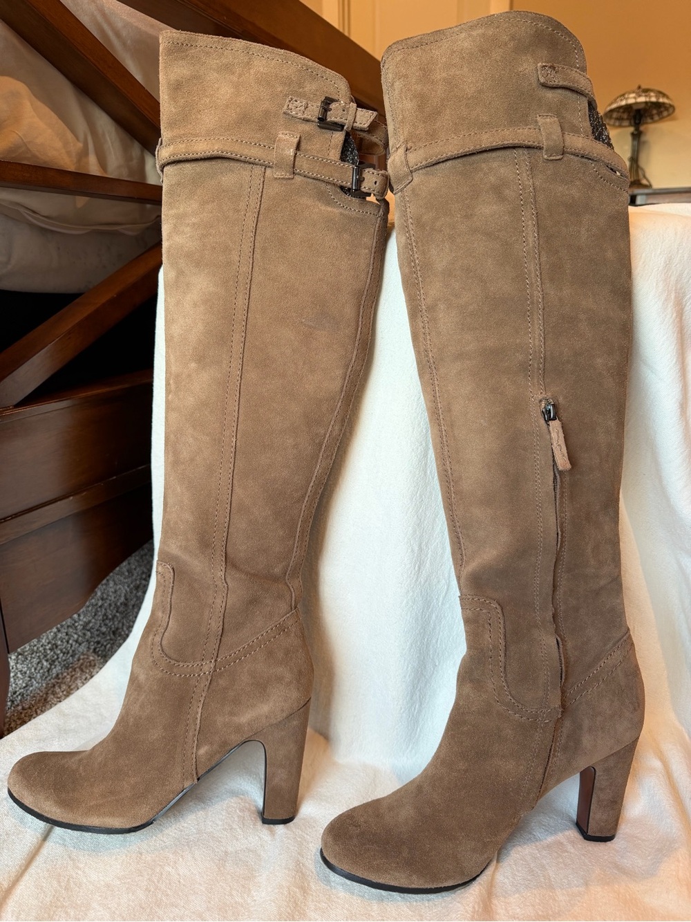 Sam Edelman Taupe Suede Over-the-Knee Boots with Buckle Detail